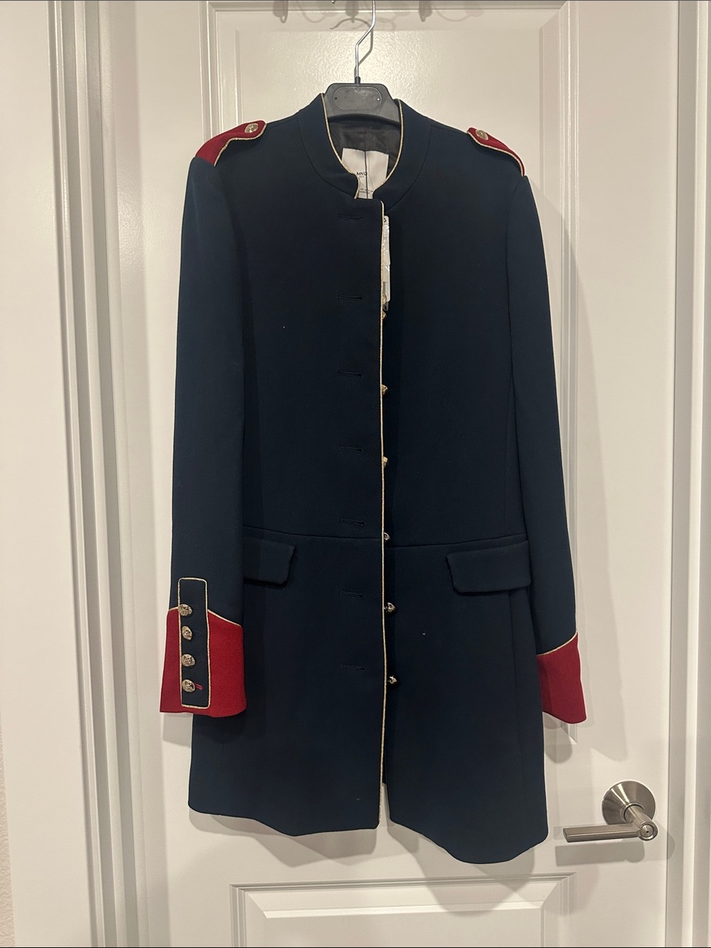 Mango Navy Trench Coat with Red Shoulder and Cuff Details
